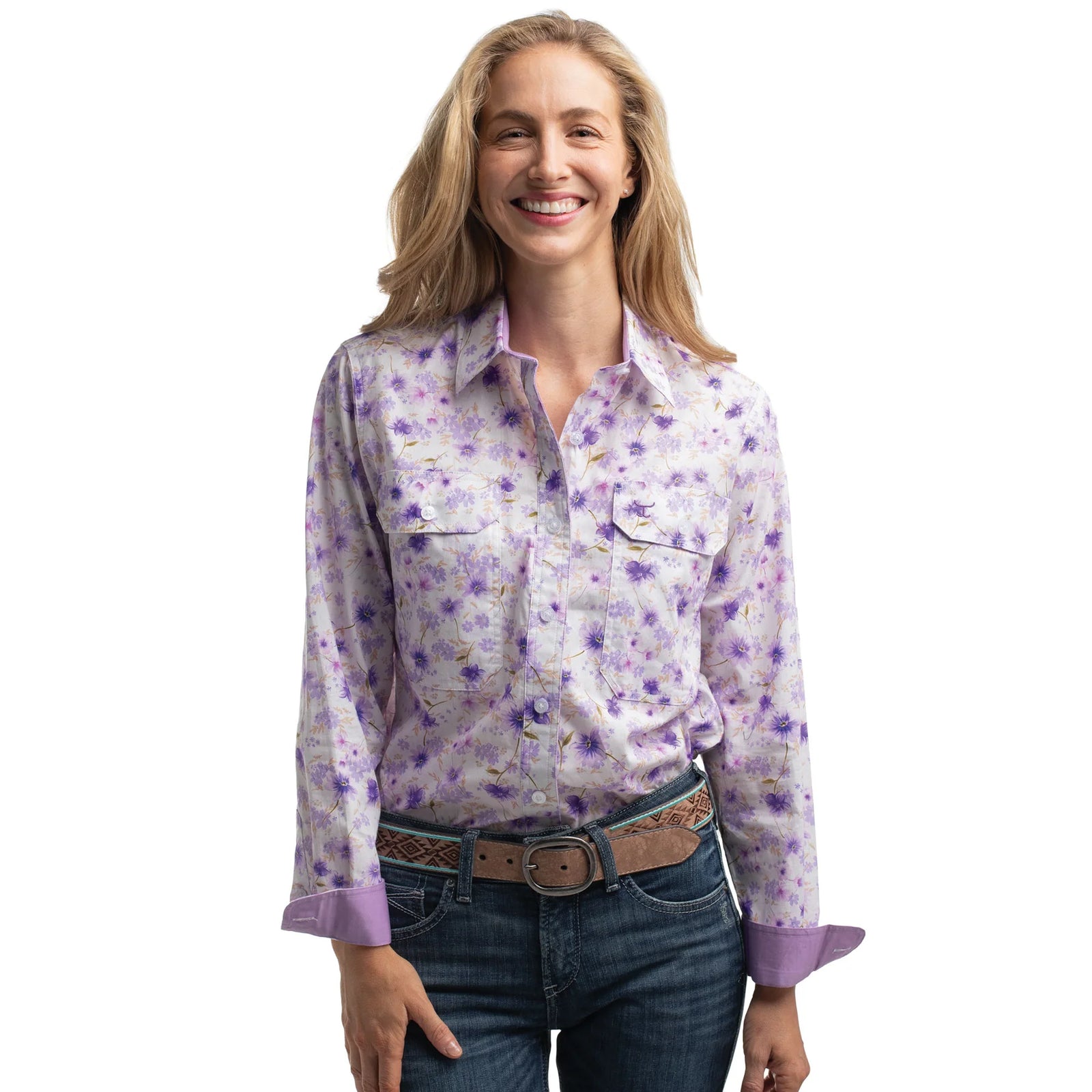 Just Country Wmns Abbey Full Button Print Workshirt Purple and White Wildflowers/Orchid