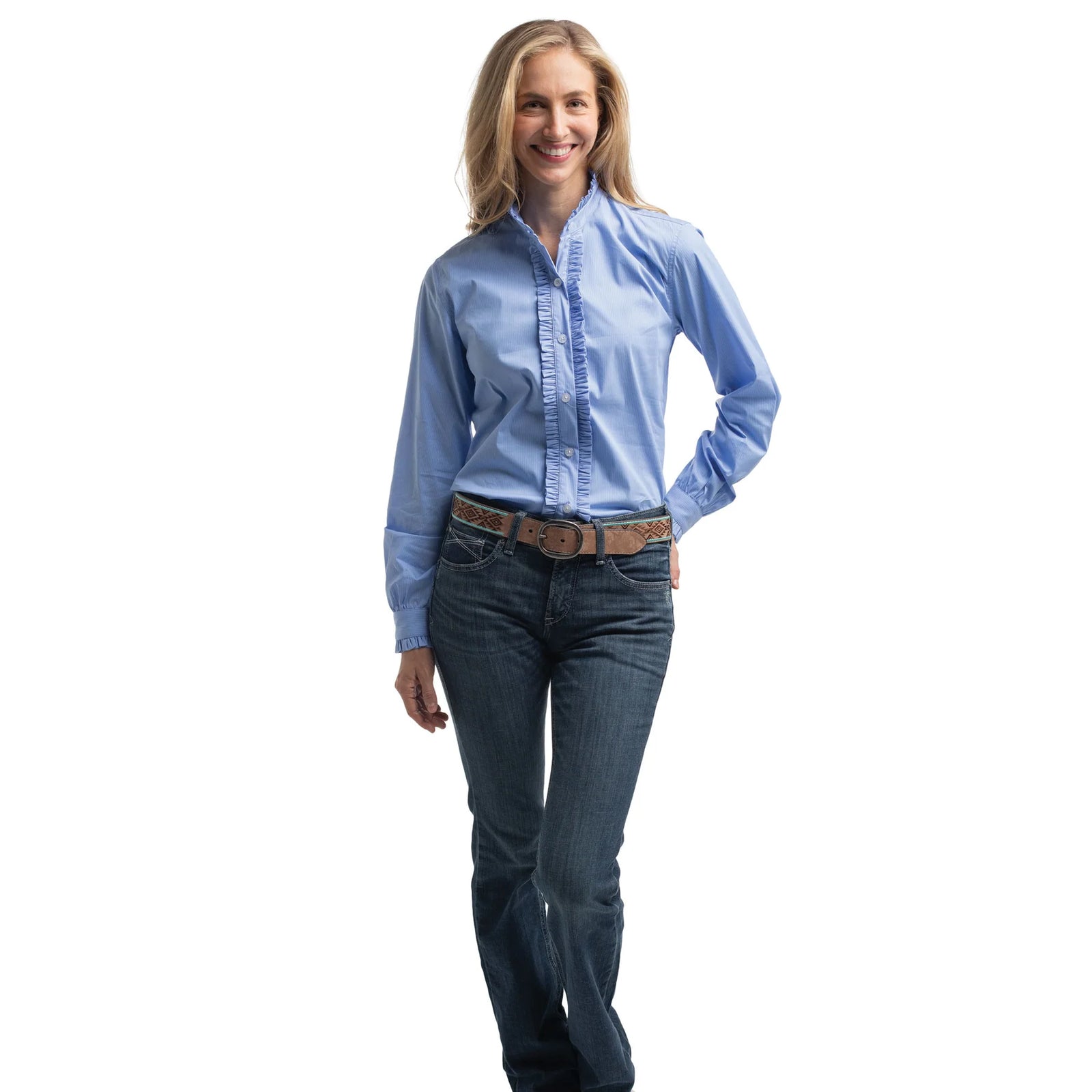 Just Country Wmns Abbey Frills Full Button Print Workshirt Cornflower Blue Pinstripe