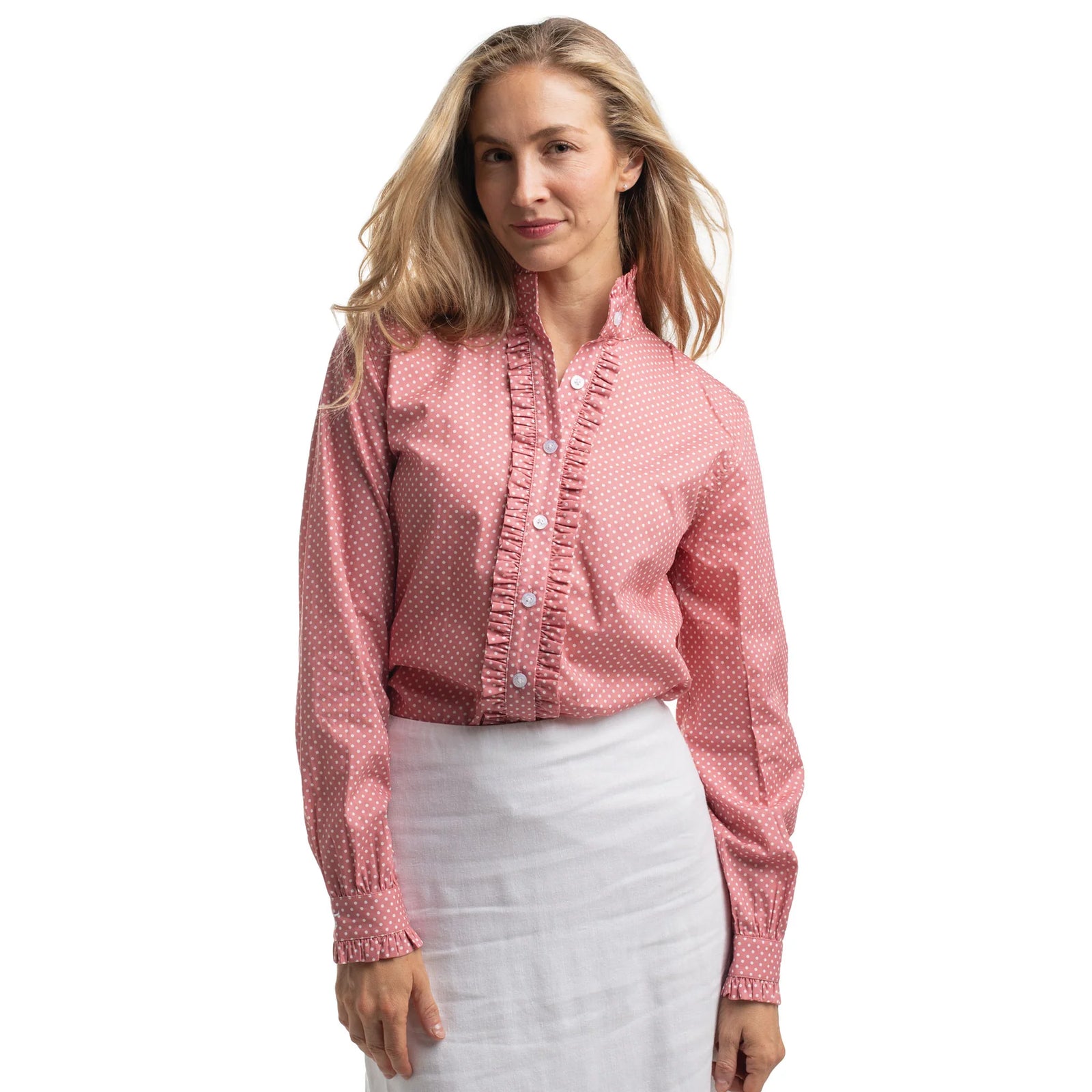 Just Country Wmns Abbey Frills Full Button Print Workshirt Rosewater and White Mini Sports