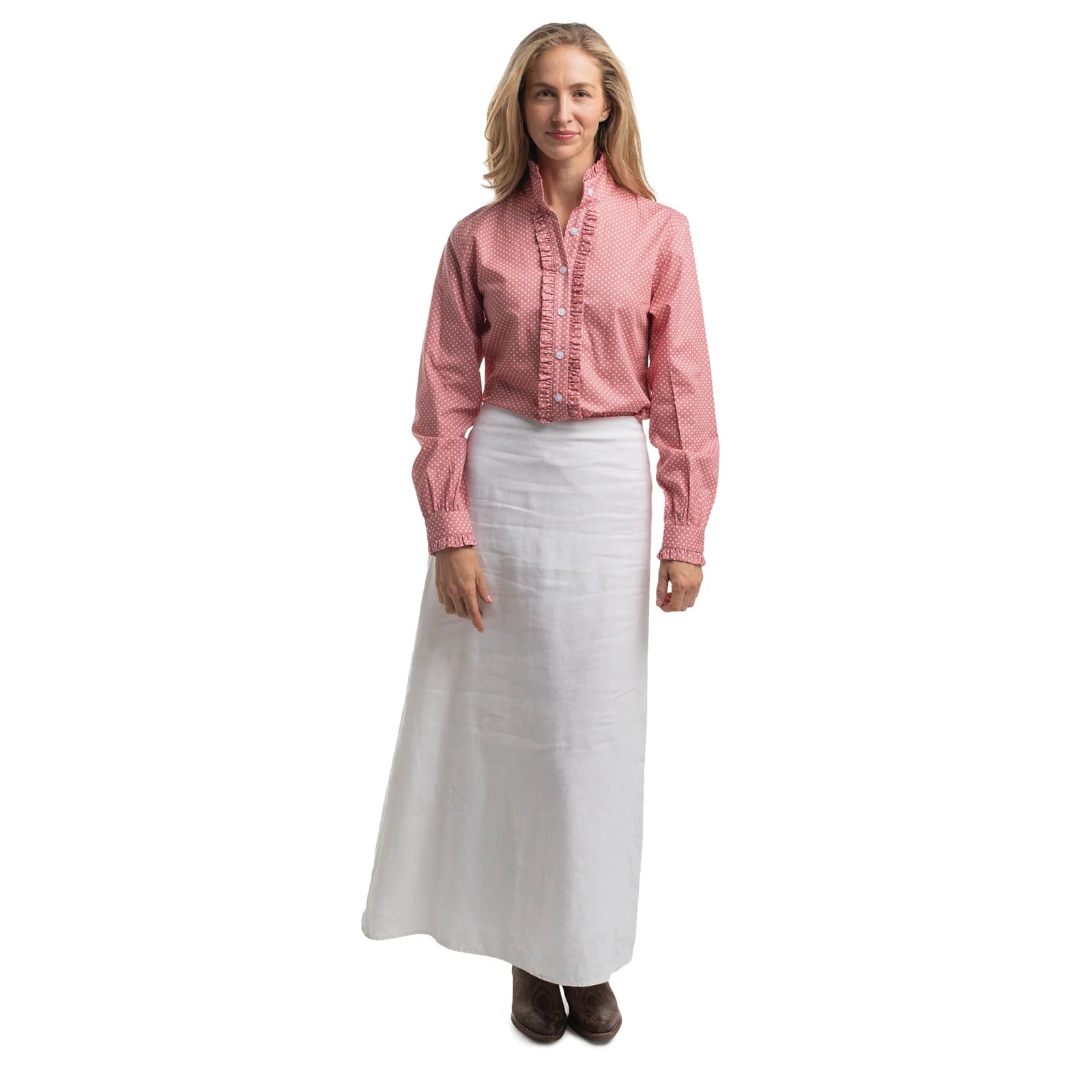 Just Country Wmns Abbey Frills Full Button Print Workshirt Rosewater and White Mini Sports