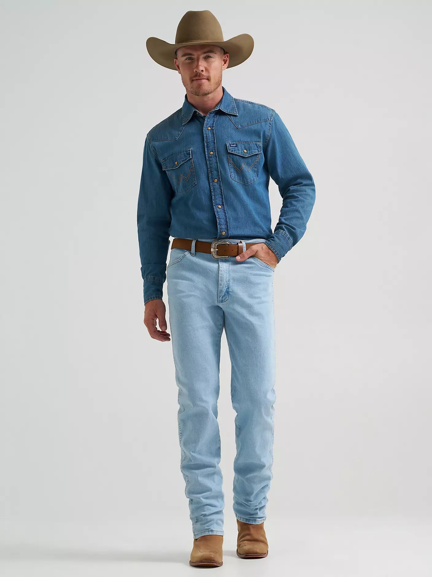 Wrangler Mns Mid Wash Denim Snap Long Sleeve Shirt | Country Clothing - Mens Shirt | Saddleworld Ipswich
