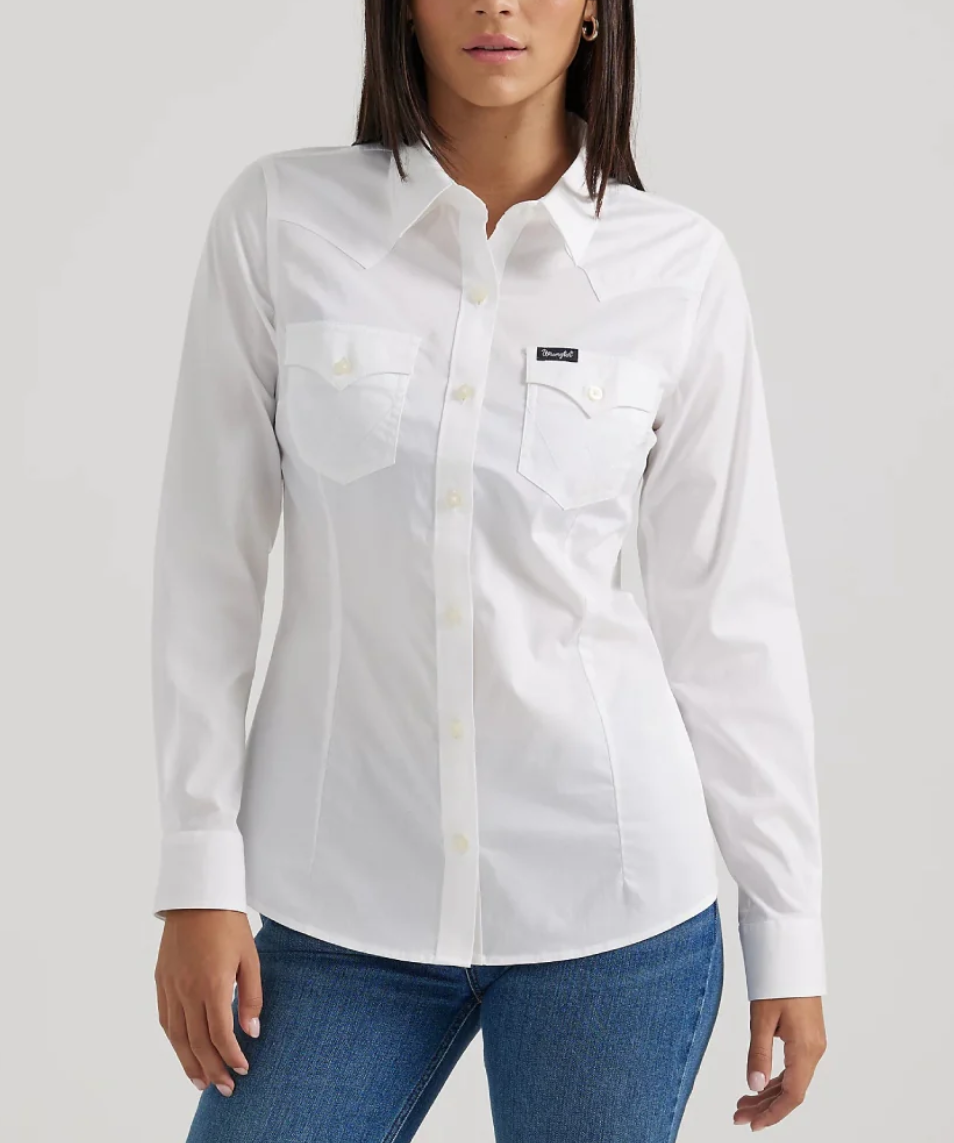 Wrangler Wmns Western White Button Down Shirt | Country Clothing - Ladies Shirts | Saddleworld Ispwich