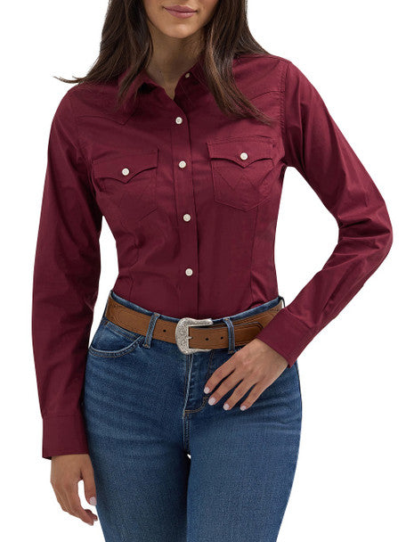 Wrangler Wmns Western Wine Button Down Shirt | Country Clothing - ladies Shirts | Saddleworld Ipswich