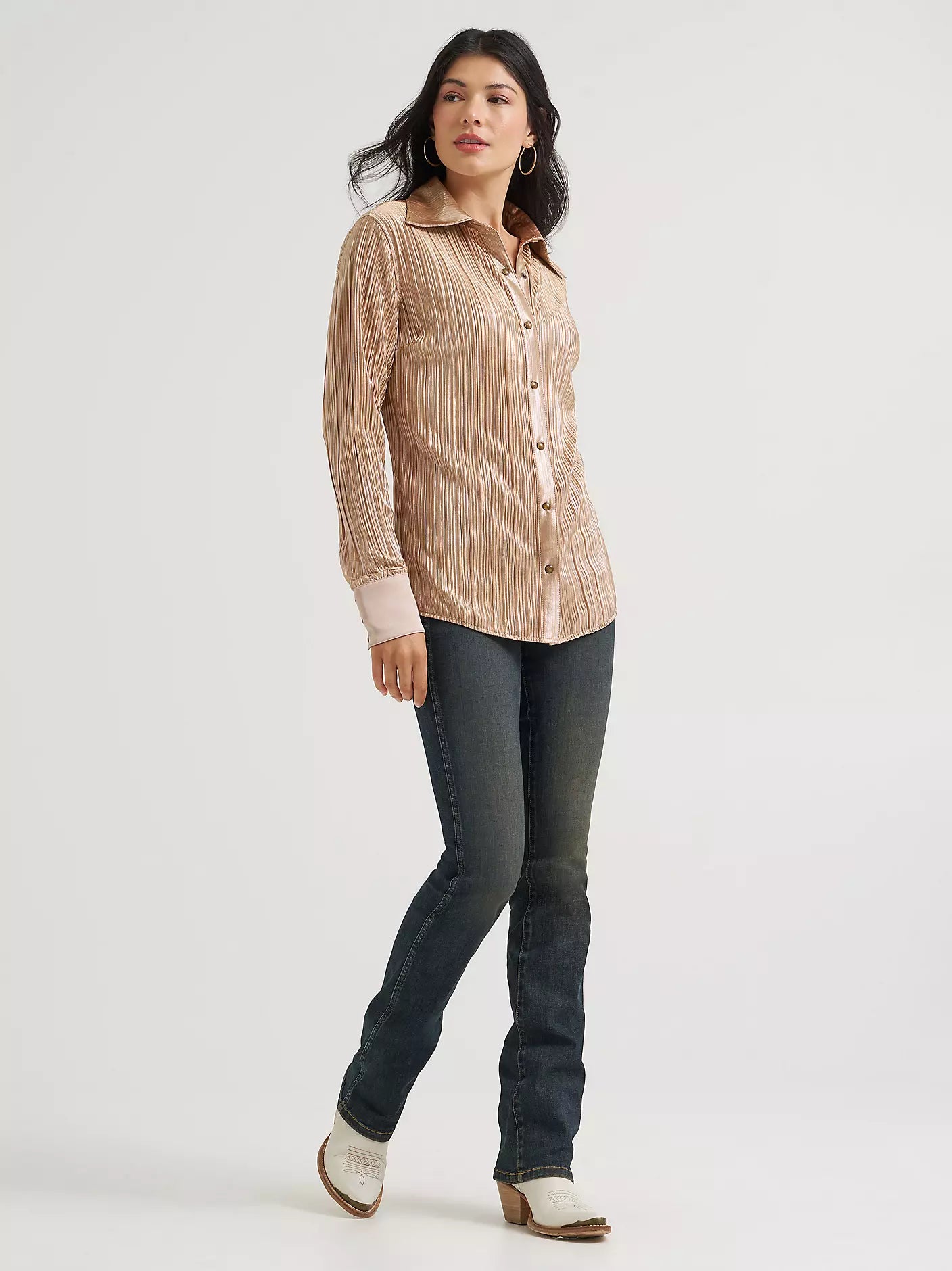 Wrangler X Lainey Wilson Snap Rose Gold Ladies Shirt | Country Clothing - Ladies Shirt | Saddleworld Ipswich