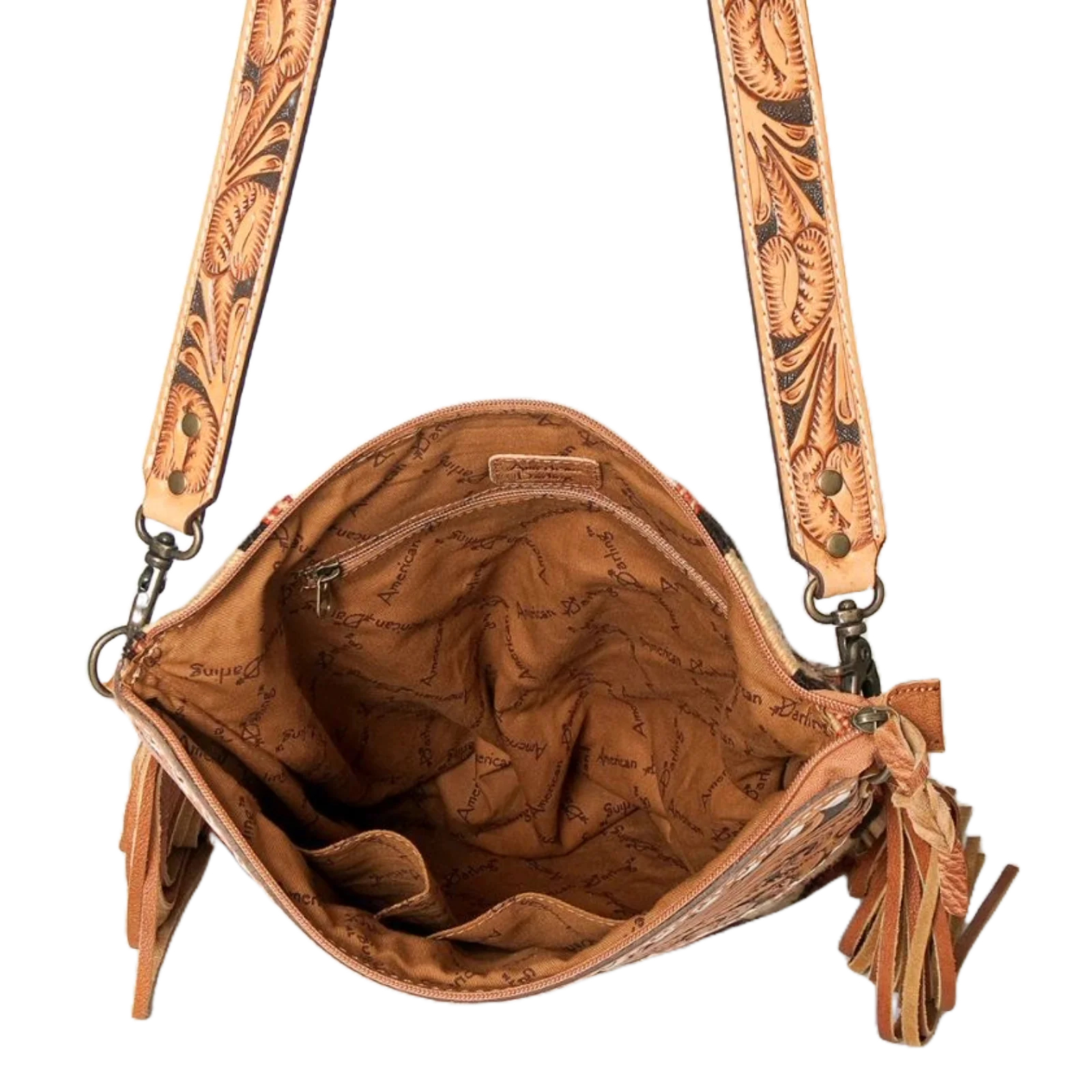 American Darling Tooled Leather and Saddle Blanket Crossbody Fringe Handbag