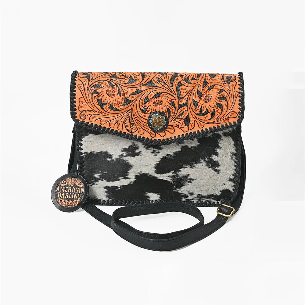 American Darling Hand Tooled Hair on Hide Genuine Leather Crossbody