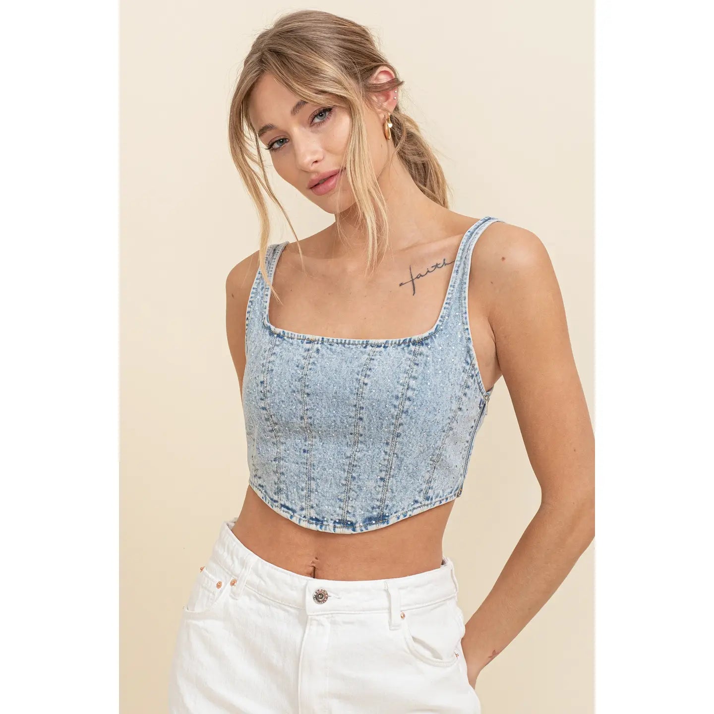 Rhinestone Detail Acid Wash Denim Corset Top