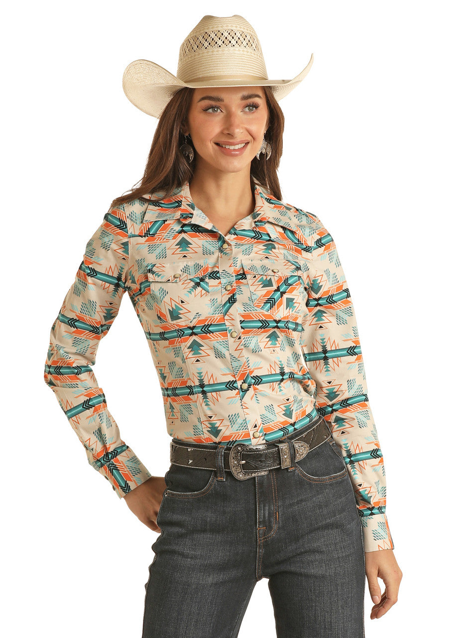 Rock and Roll Cowgirl Aztec Print Long Sleeve Snap Shirt - Black Friday Sale