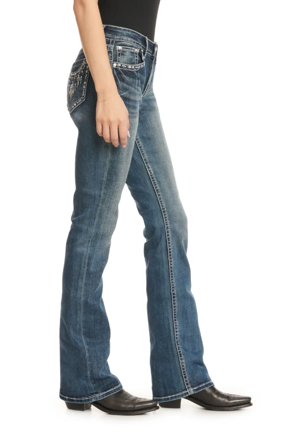 Grace in LA Wmns Med Wash Mid Rise Aztec Embroidery & Bling Drip Boot Cut Jeans