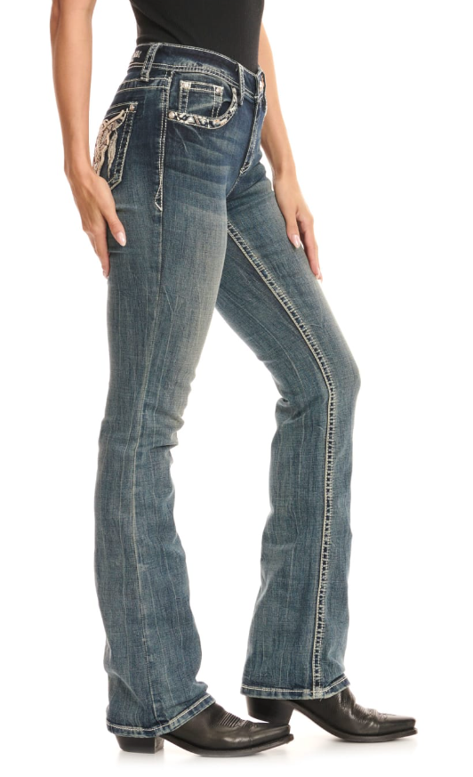 Grace in LA Wmns Dark Wash Mid Rise Skull Embroidery & Leather Boot Cut Jeans