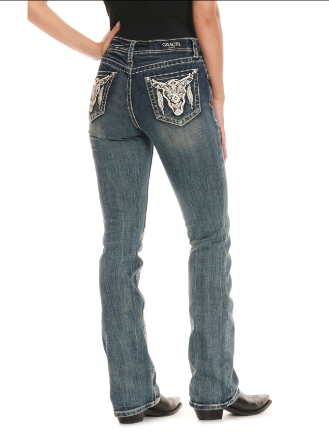 Grace in LA Wmns Dark Wash Mid Rise Skull Embroidery &amp; Leather Boot Cut Jeans