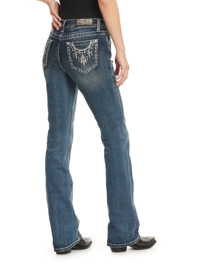 Grace in LA Wmns Med Wash Mid Rise Aztec Embroidery &amp; Bling Drip Boot Cut Jeans