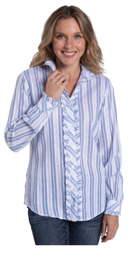 Just Country Wms Abbey Frills Full Button Print Workshirt White and Denim Stripe Lace