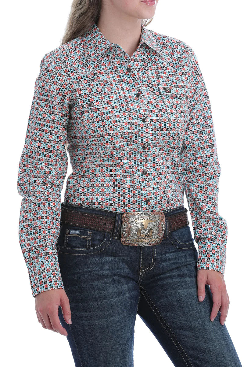 Cinch Wmns Teal Orange And Brown Geometric Print Shirt - Mothers Day Sale