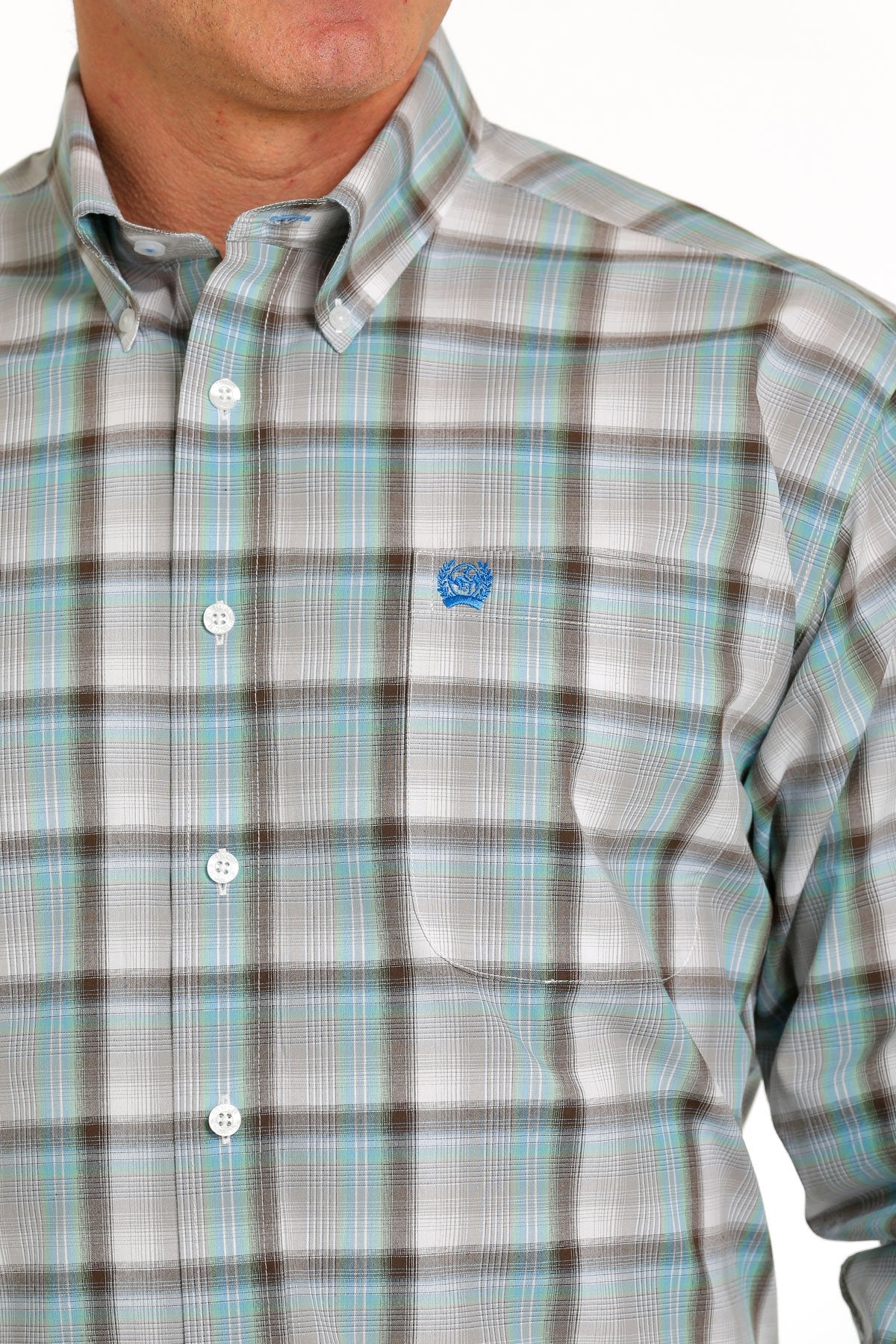 Cinch Mens Plaid Button Down Western Shirt - White/Green/Brown - Black Friday Sale