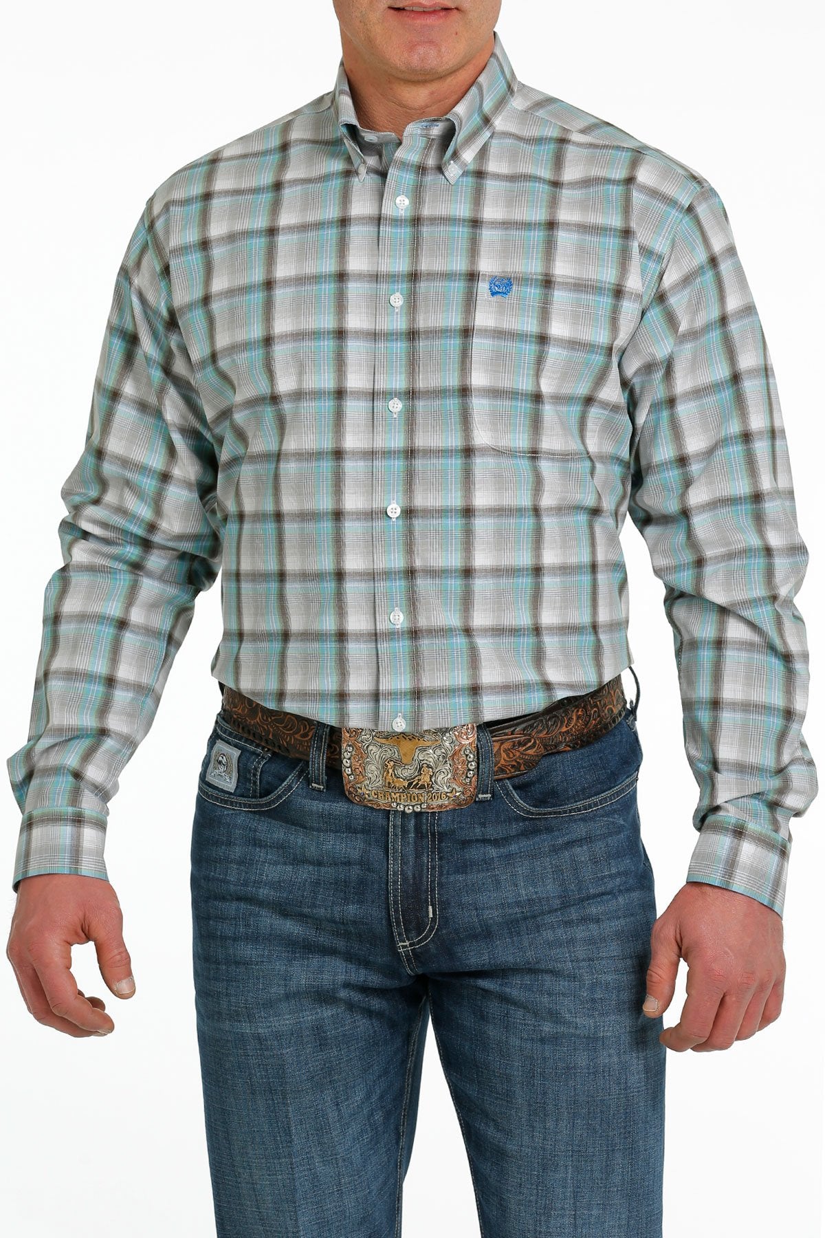 Cinch Mens Plaid Button Down Western Shirt - White/Green/Brown - Black Friday Sale