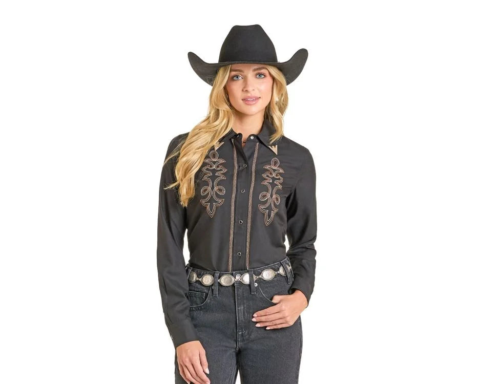 Rock and Roll Wmns Black Long Sleeve Boot Stitch Snap Shirt