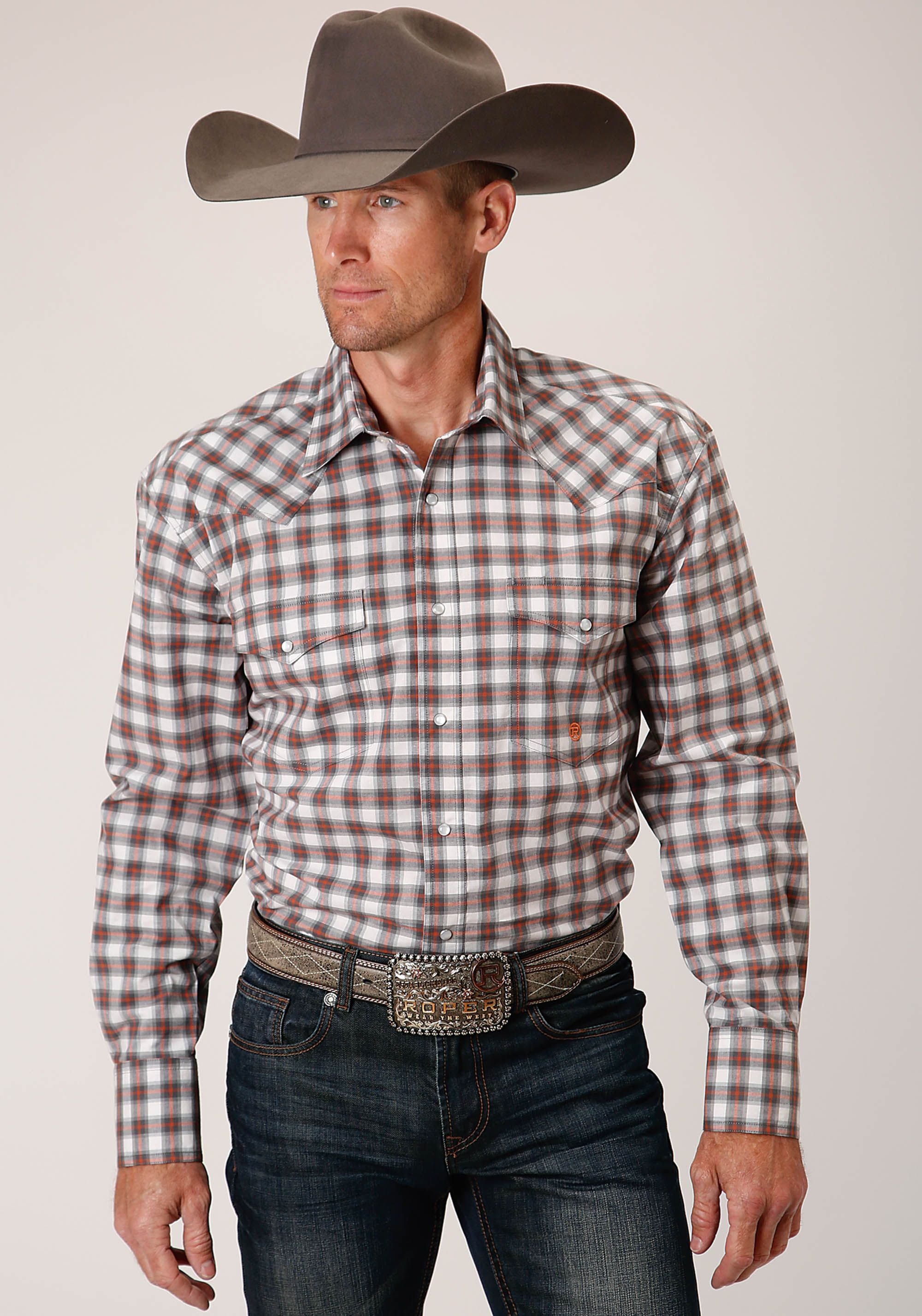 Roper Mns Amarillo Collection LS Shirt Plaid Grey - Summer Clearance