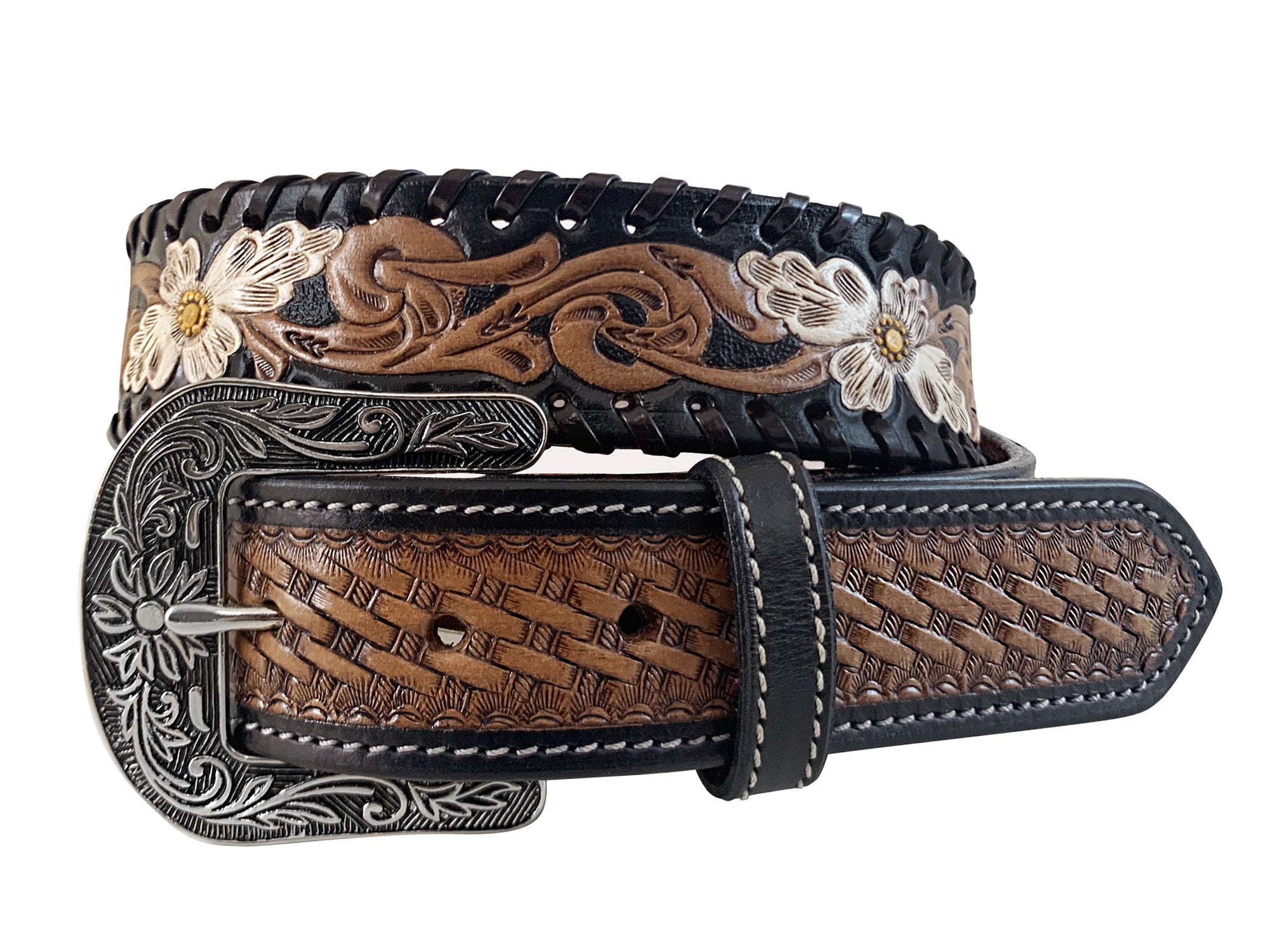 Roper Wms Belt 1.5in Western Floral Tooled Leather with Basket with Tabs