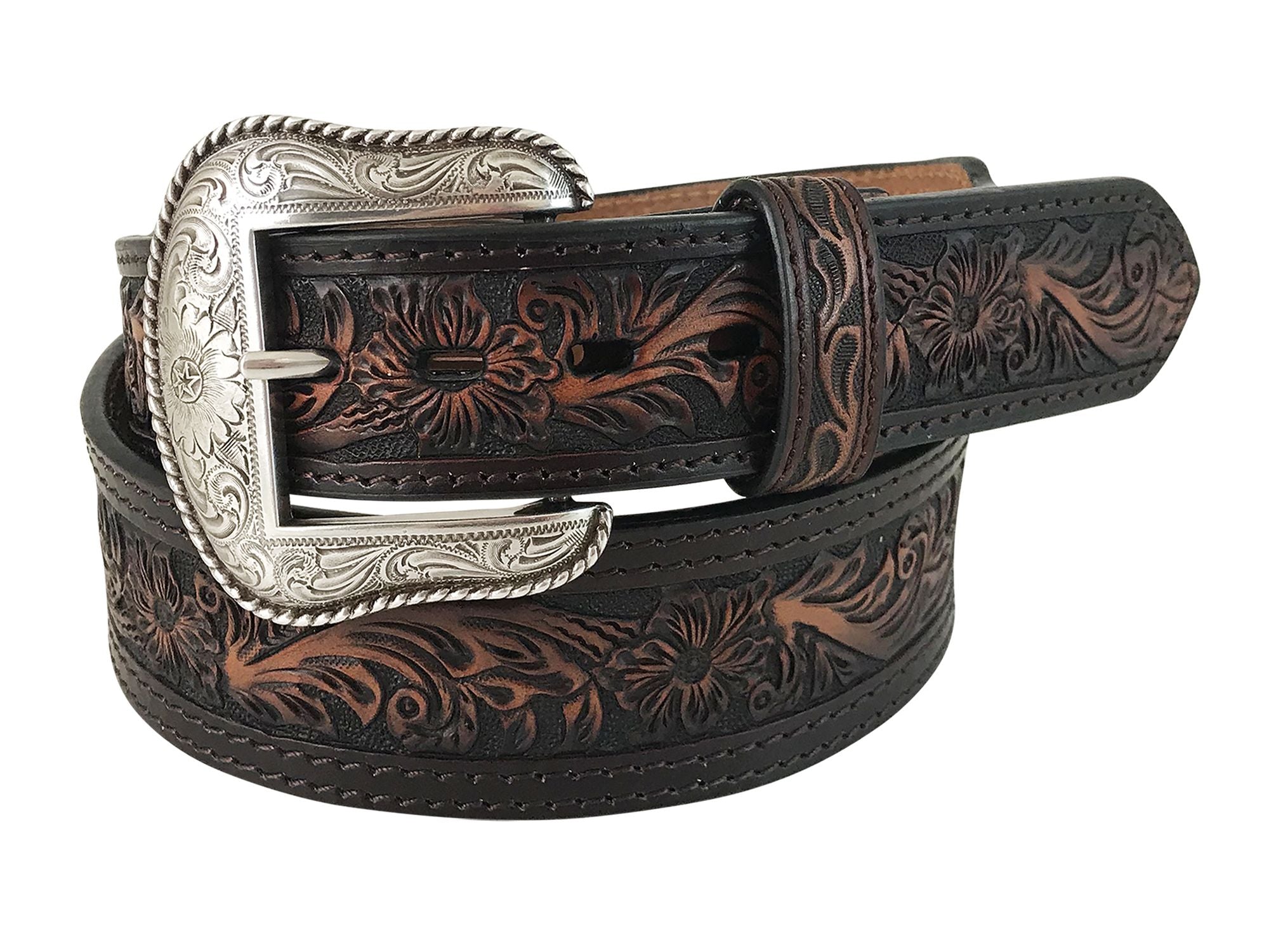 Roper Belt 1.5in Genuine Leather Cutout Floral Tooled Design Cognac/Turquoise