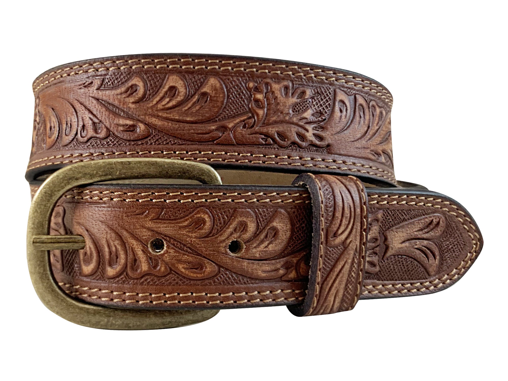 Roper Wms Belt 1.5in Floral Embossed Distressed Leather Tan