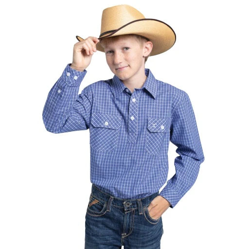 Just Country Bys Brayden Half Button Print Workshirt Ultramarine Blue and White Mini Check