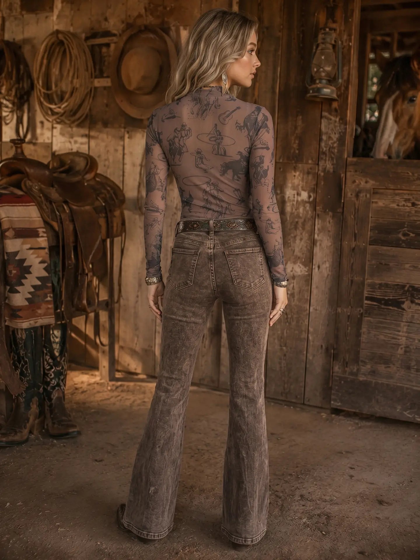 Cowgirl Print Mesh Mock Neck Top