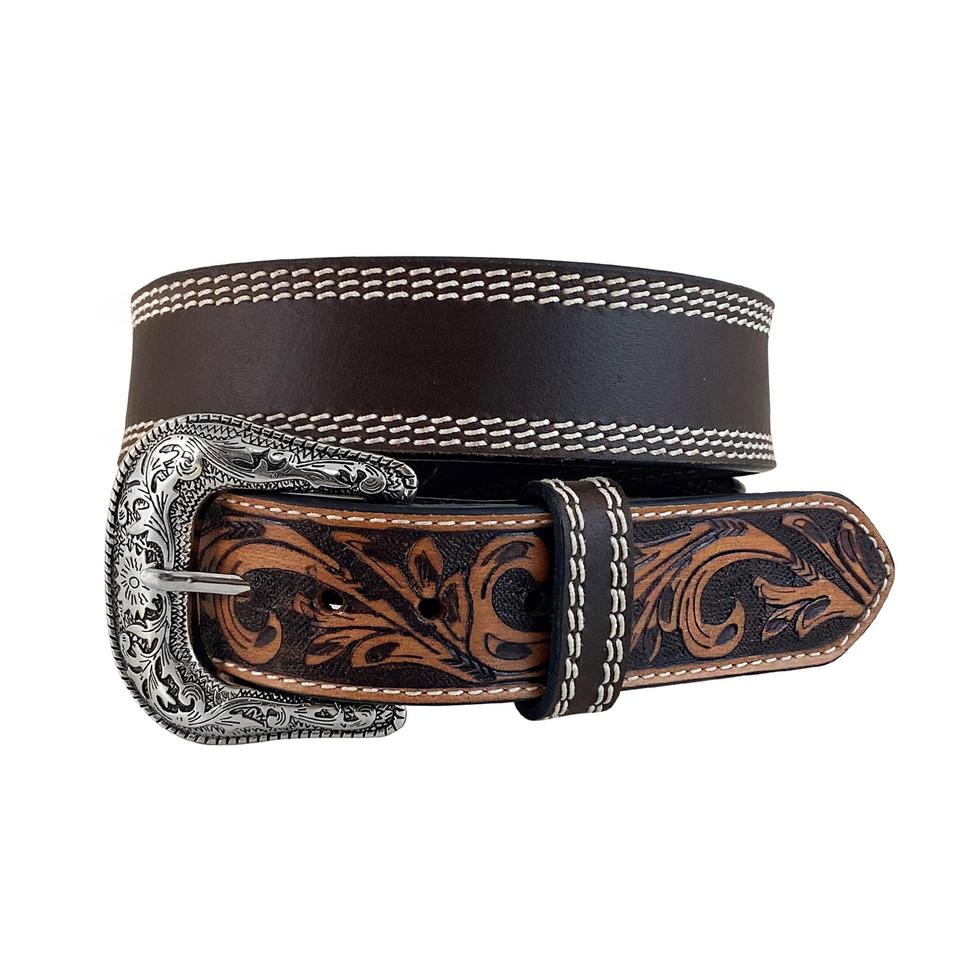 Roper Mns Belt 1.5in Genuine Leather with Buff Harness Floral End Tabs Brown