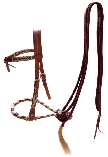 Showman Leather Futurity Knot Bridle with Brown Rawhide Braided Bosal and Brown Nylon Mecate Reins