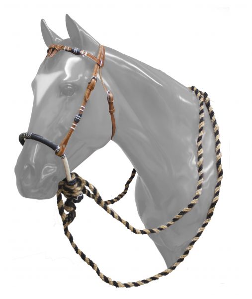 Showman Black and Natural Rawhide Boseal Headstall with Horse Hair Mecate Reins