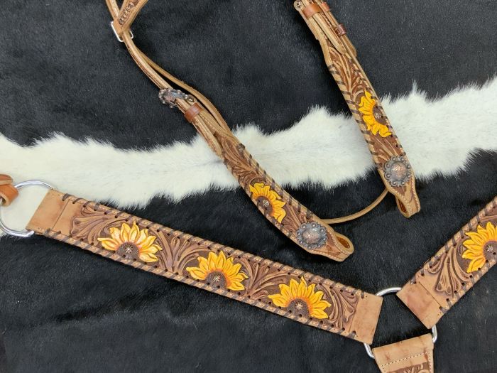 Showman Bridle Breastplate Set with Flower Gems and Painted Sunflowers