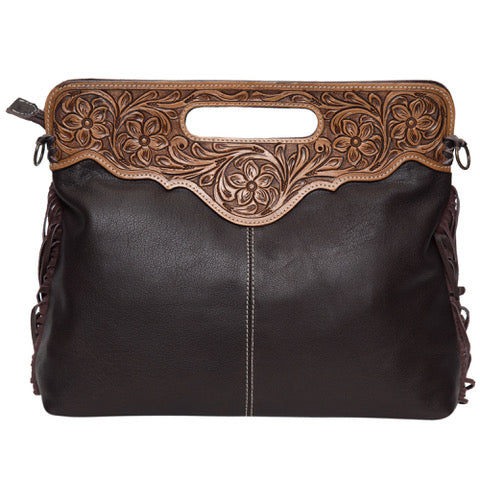 The Design Edge Cusco Tooling Leather Cowhide Bag with Fringes
