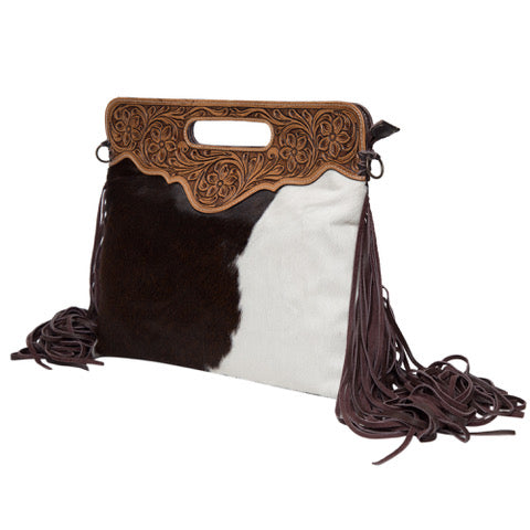 The Design Edge Cusco Tooling Leather Cowhide Bag with Fringes
