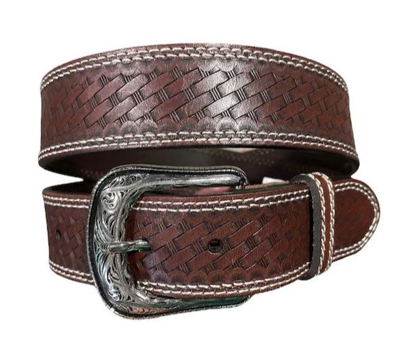Roper Belt 1.5 Genuine Leather Basket Weave Embossed Cognac - Clearance