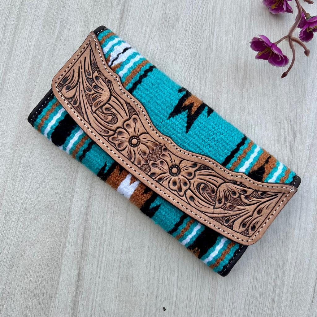 The Design Edge Turquoise Saddle Blanket Trifold Wallet Tooled Leather
