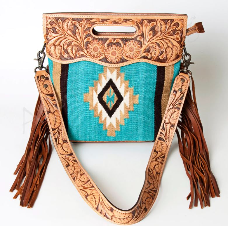 American Darling Saddle Blanket Tooled Fringe Handbag