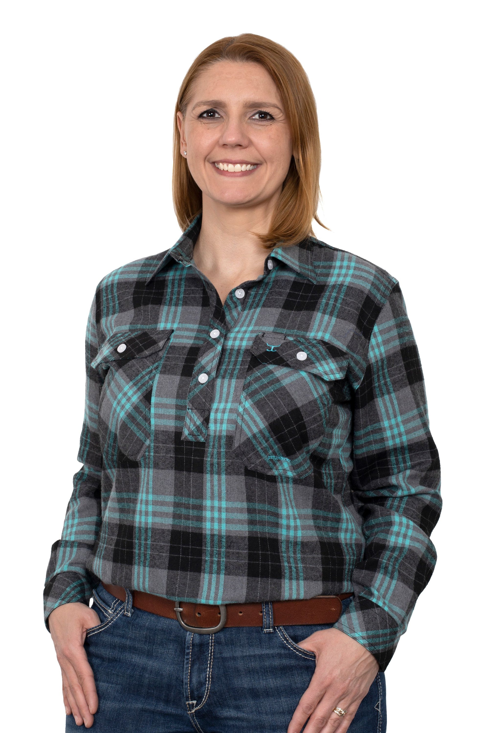 Just Country Wmns Jahna Workshirt Flannel Grey/Turquoise - Summer Clearance