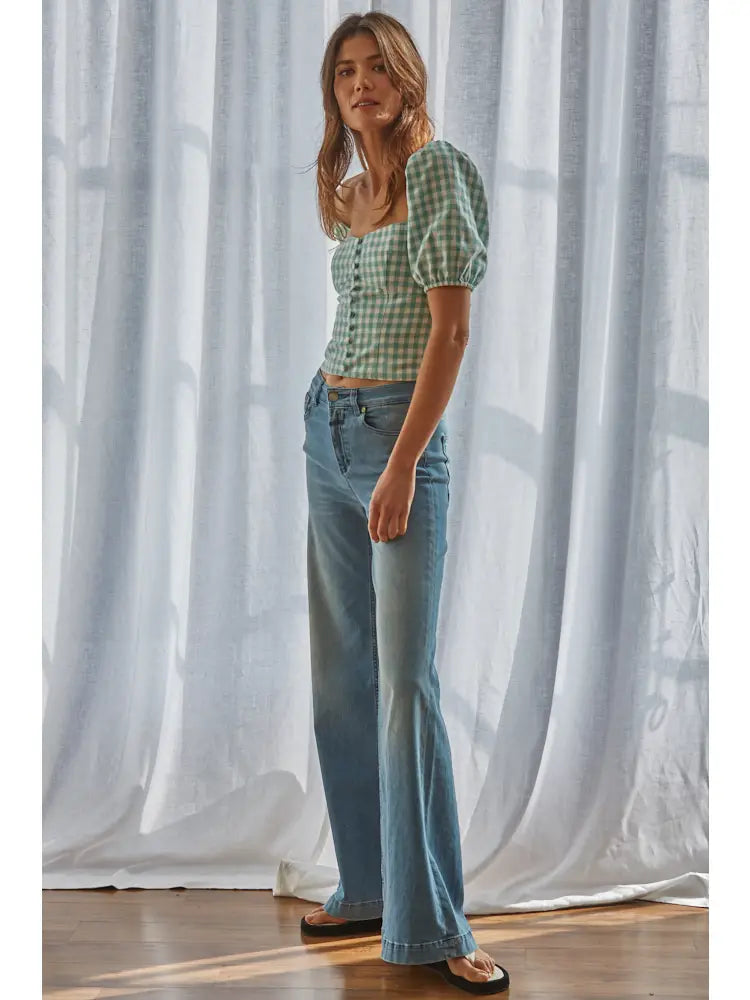 Sweetheart Neckline Linen Checkered Blouse