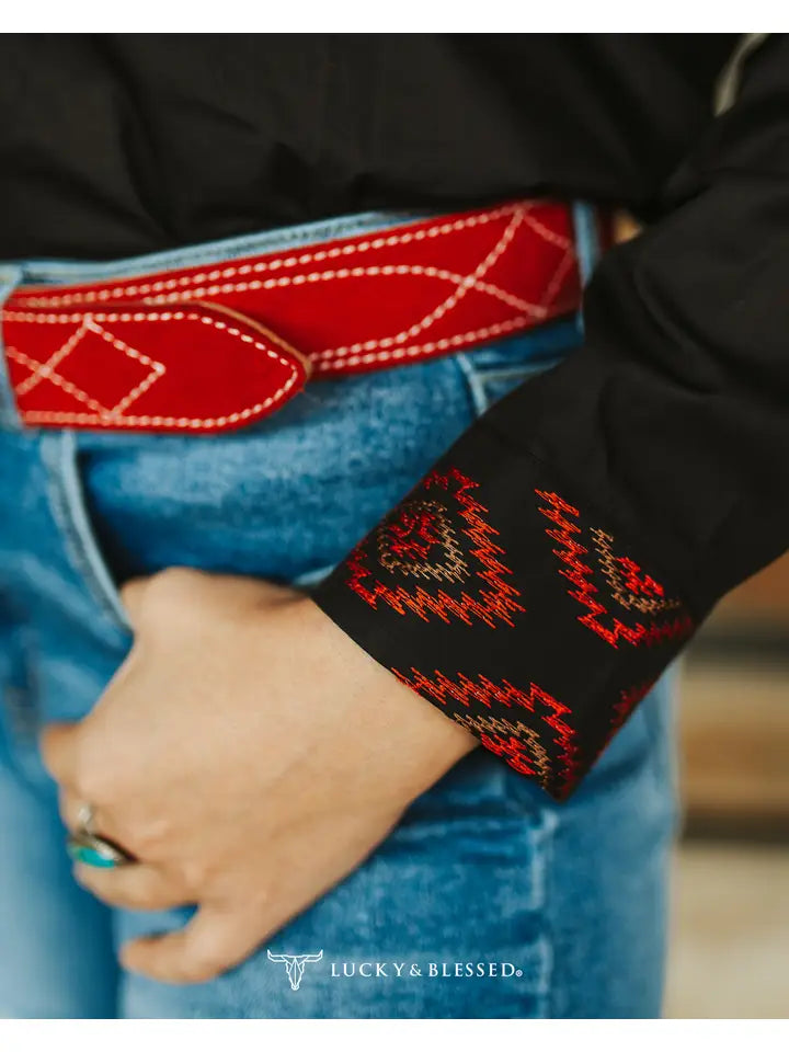 Black Aztec Embroidered Western Yoke Pearl Snap Top