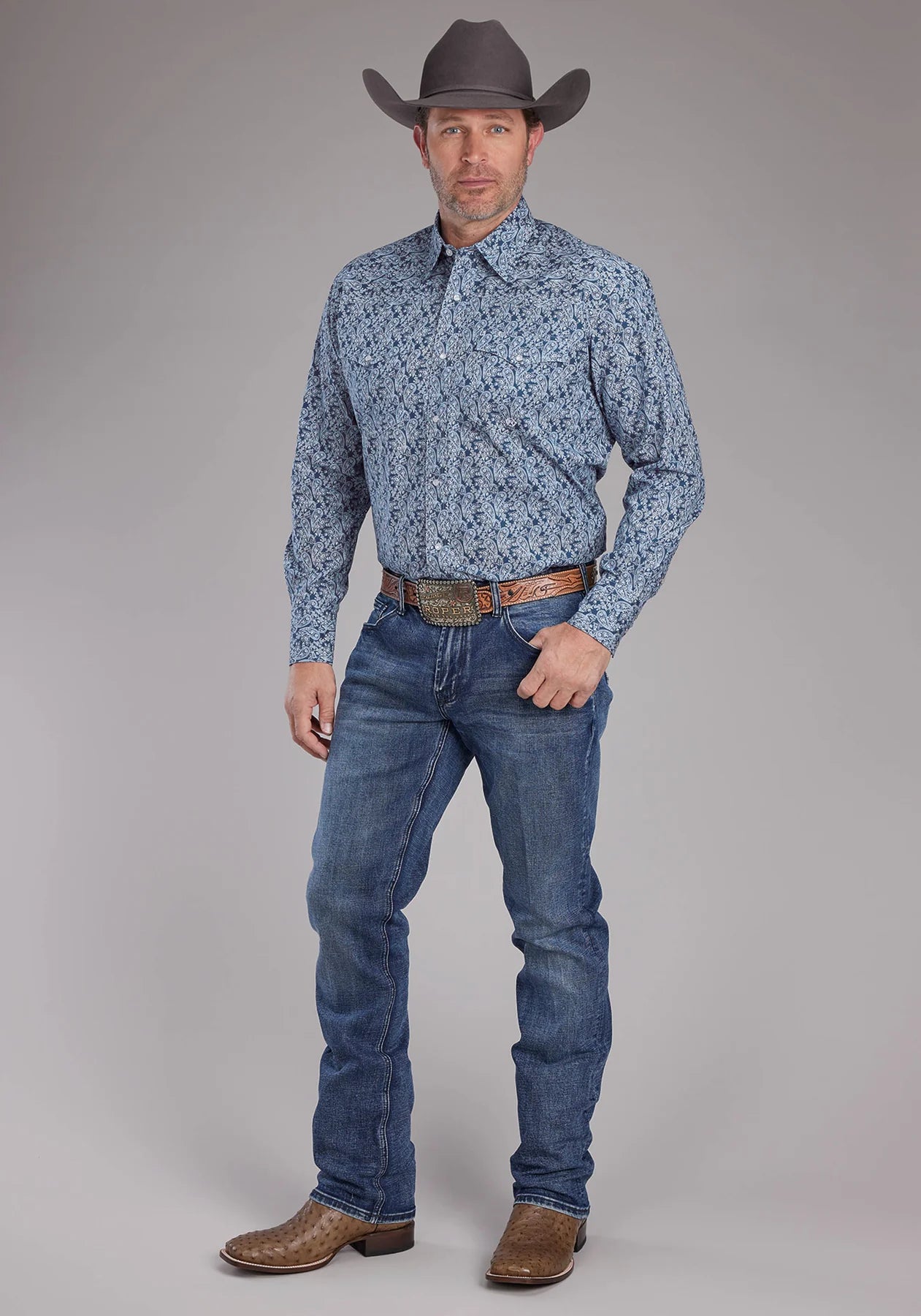 Roper Mns Amarillo Colleciton Long Sleeve Shirt Print Blue