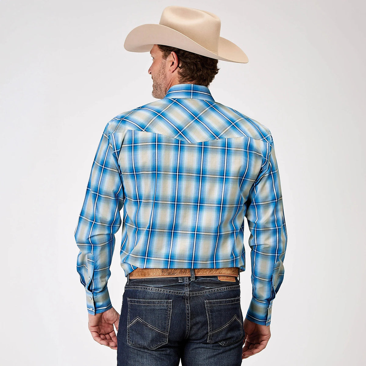 Roper Mns Amarillo Collection LS Shirt Plaid Blue - Black Friday Sale