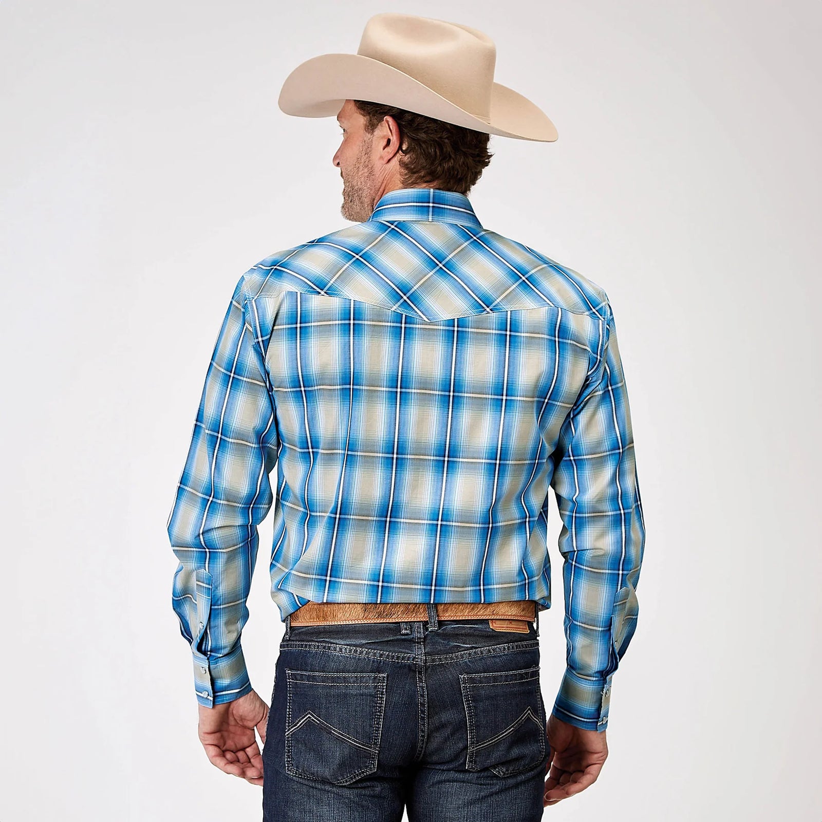 Roper Mns Amarillo Collection LS Shirt Plaid Blue - Black Friday Sale