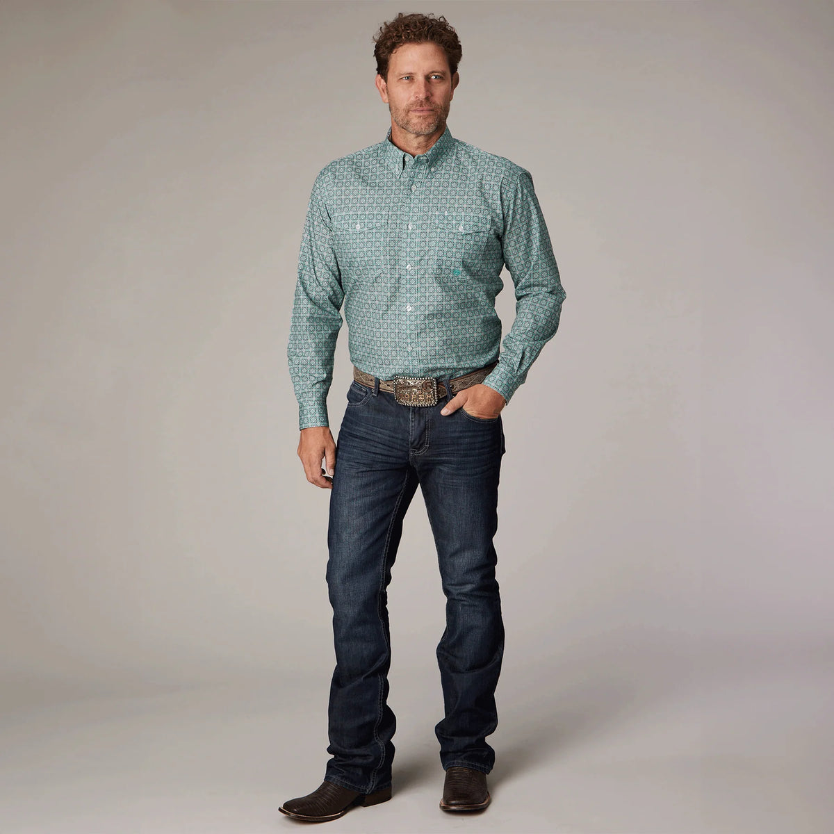 Roper Mns Amarillo Colleciton LS Print Shirt Grey - Christmas Sale