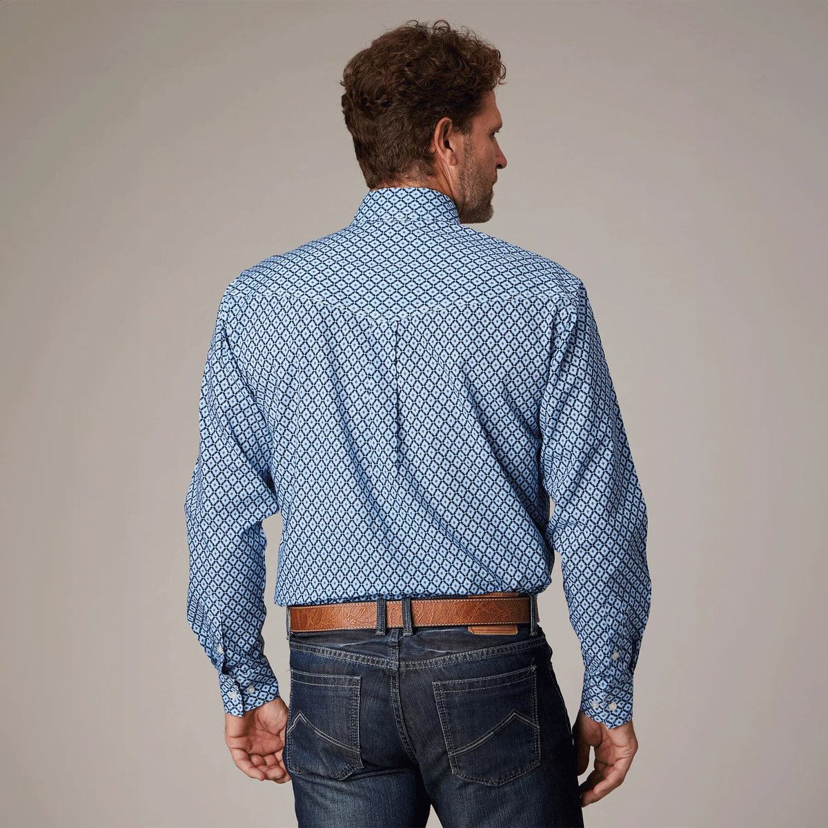Roper Mns Amarillo Collection LS Print Shirt Blue - EOFY Sale