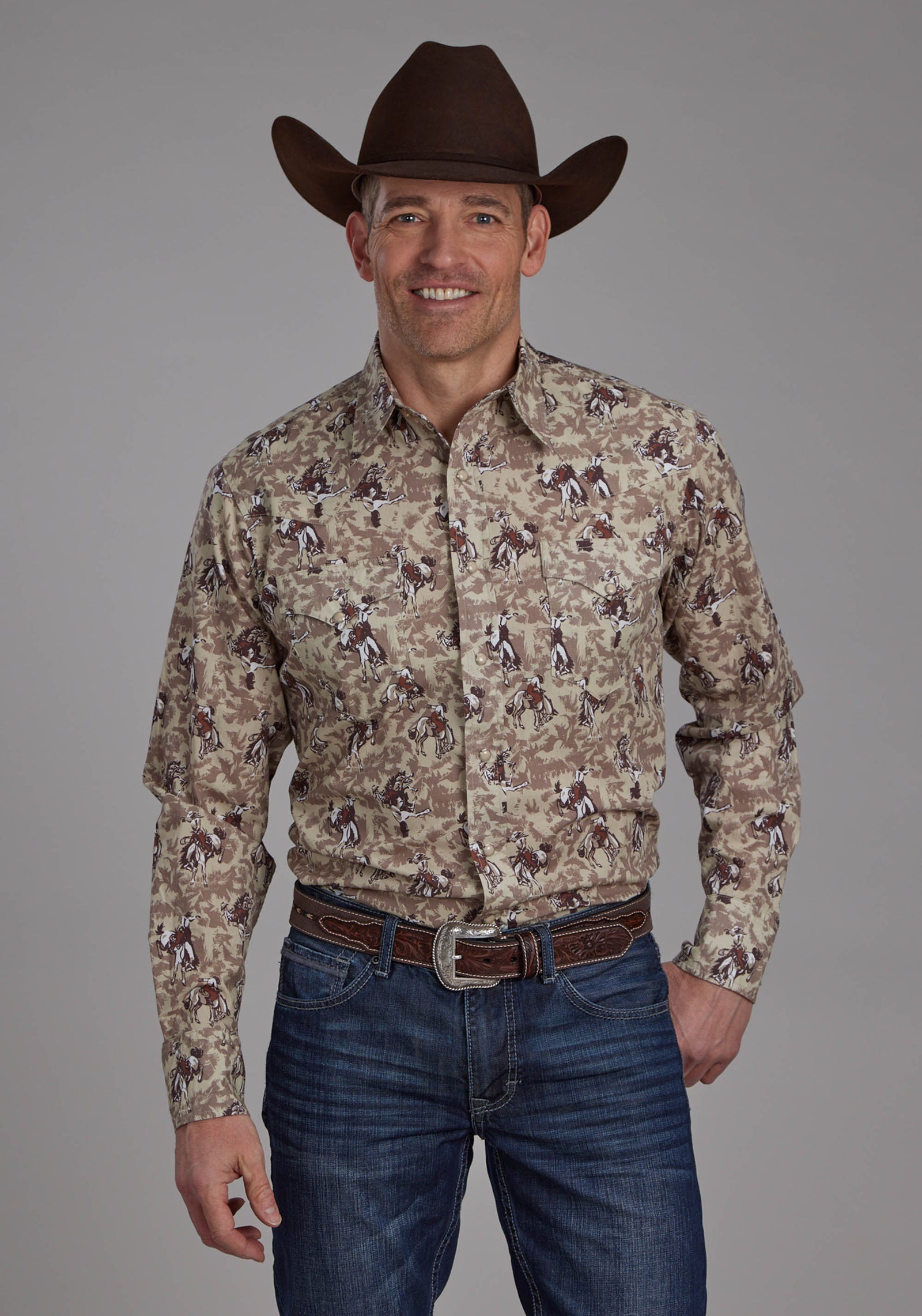 Roper Mns Vintage Collection LS Shirt Print Brown - Black Friday Sale