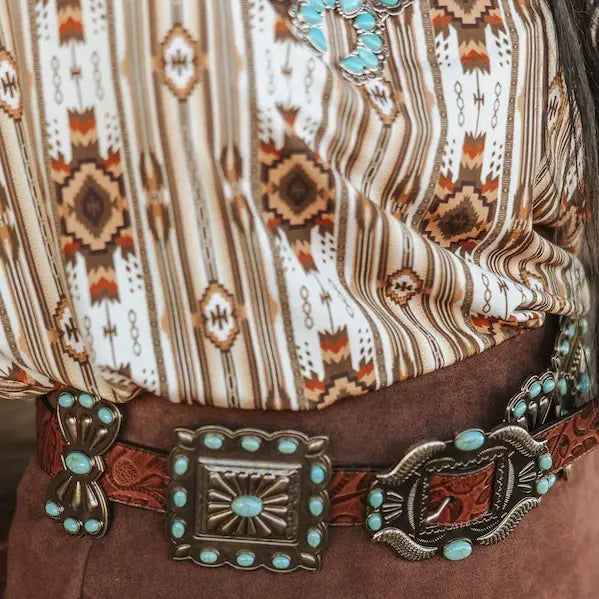 Lucky and Blessed Tooled Leather Turquoise Stone Ribbon Concho