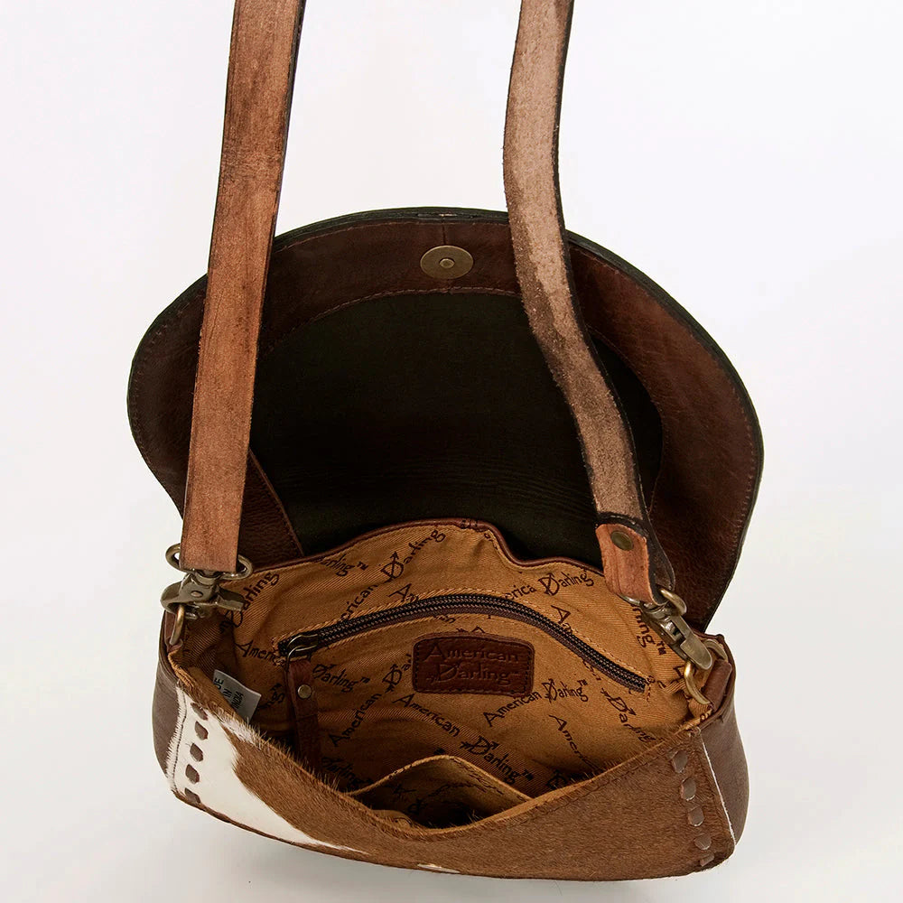 American Darling Messenger Bag Floral Hand Tooled Leather and Hair on Hide