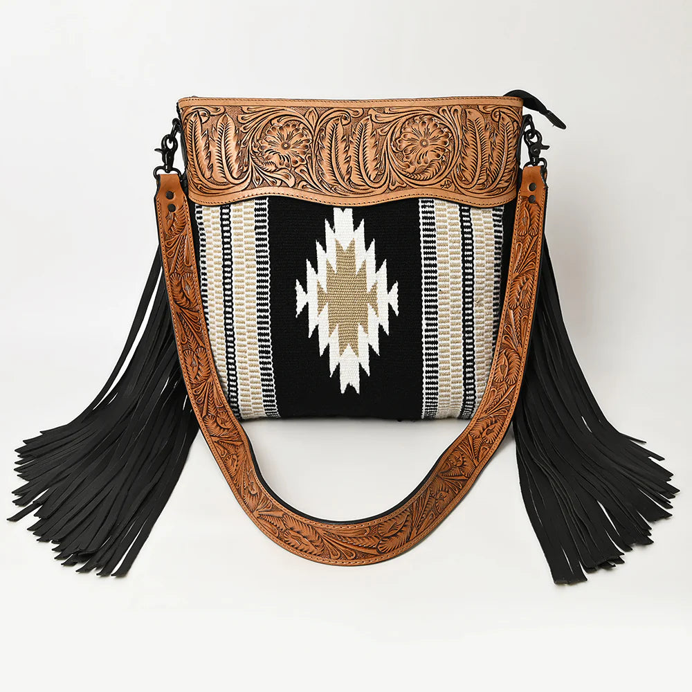 American Darling Saddle Blanket Tooled Fringe Handbag