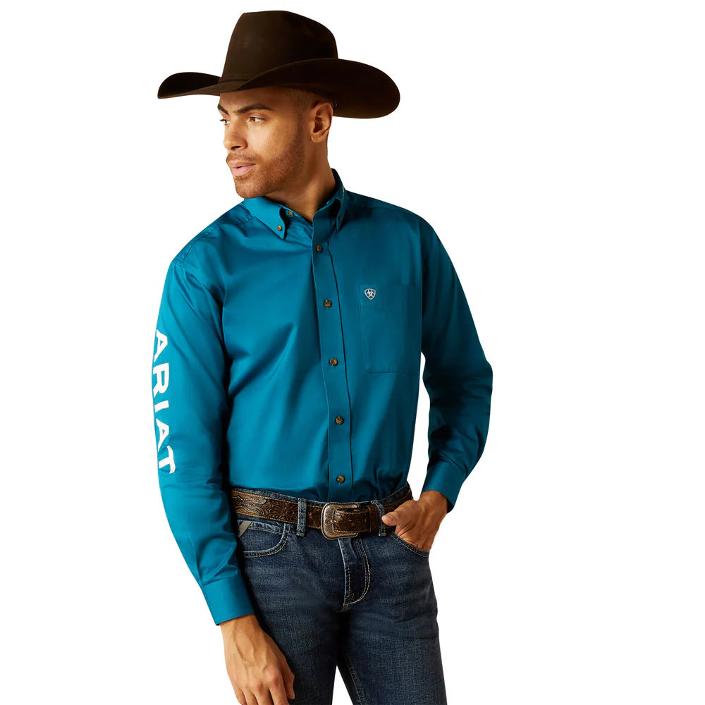 Ariat Mns Team Logo Twill Long Sleeve Shirt Dark Teal/White