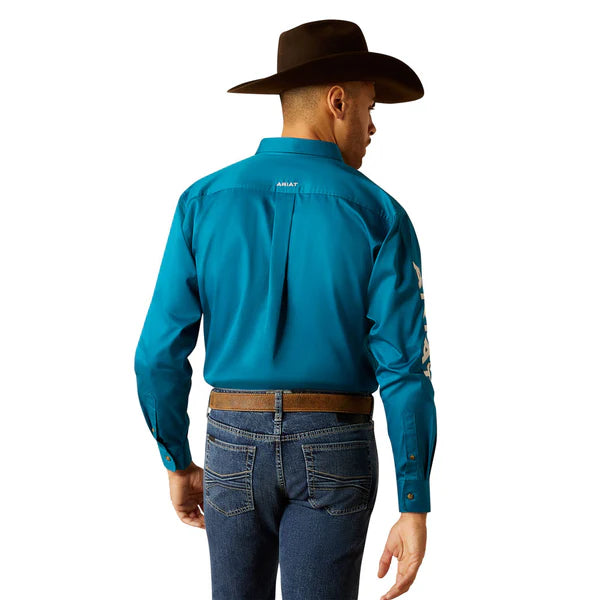 Ariat Mns Team Logo Twill Long Sleeve Shirt Dark Teal/White